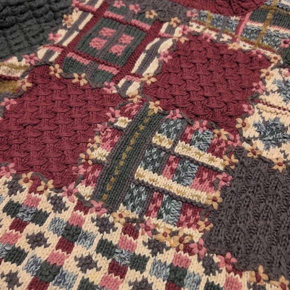 Vintage 90s Red Camel Patchwork 3D Knit Sweater Burgundy Women's S Cottagecore - Picture 7 of 7